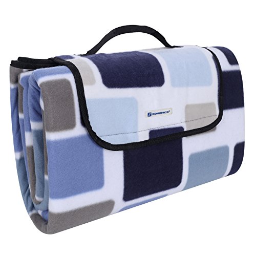 SONGMICS 200 x 200 cm XXL Picknickdecke Fleece wärmeisoliert wasserdicht mit Tragegriff (Quadrate in Blau, Braun und Weiß)