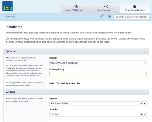 Installation WordPress auf 1blu